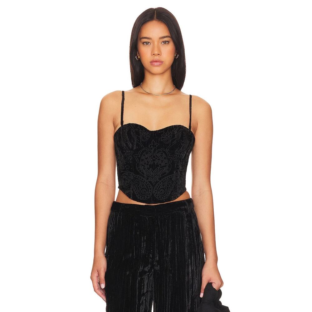 Hemant & Nandita Corset Top Velvet Floral Embroidery Detachable Strap Black Sz S